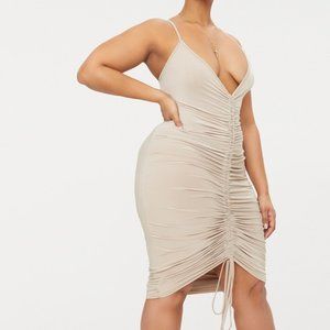 Pretty Little Thing Stone Slinky Strappy Ruched Midi Dress US 16